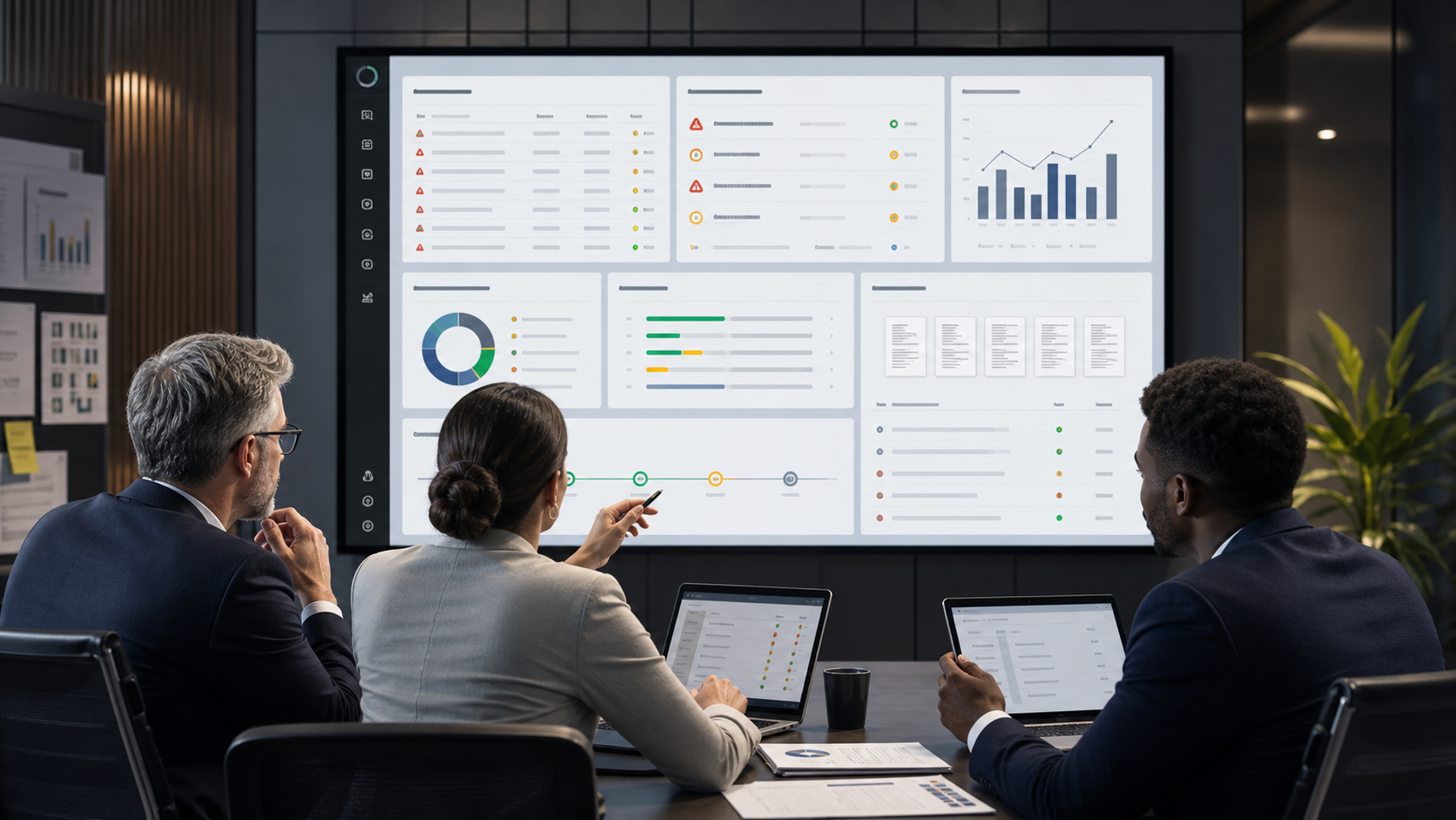Finance, procurement, and accounts payable leaders reviewing a governed AI dashboard with invoice exceptions, approval queues, source evidence, and audit controls