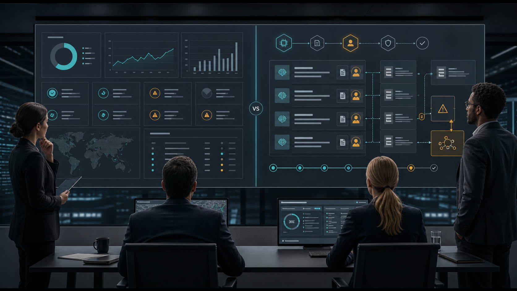 Enterprise operations leaders comparing a static analytics dashboard with a governed AI agent work queue showing source evidence, human approvals, audit trails, exception routing, and operational recommendations