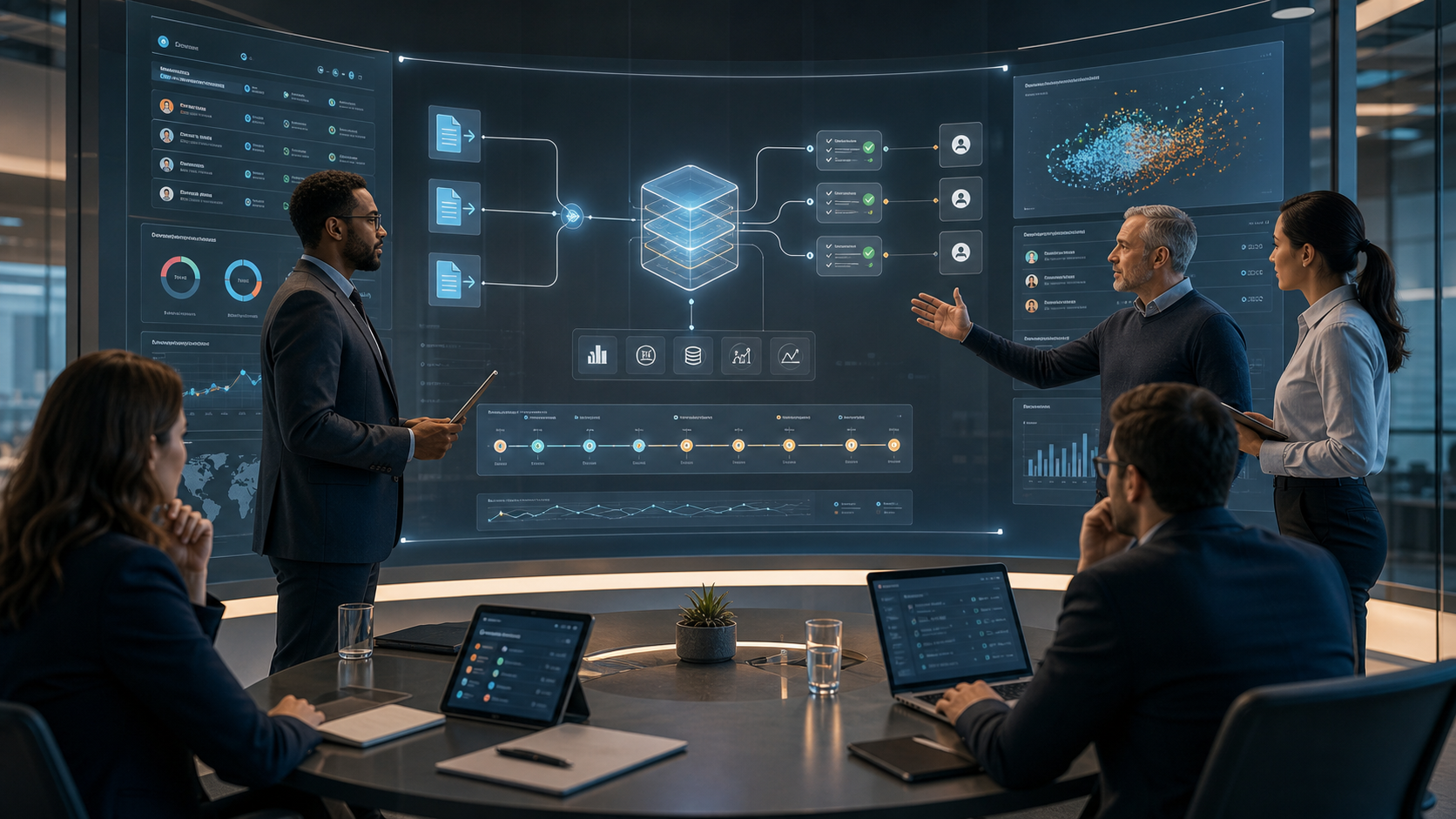Enterprise governance team reviewing a governed AI control console with policy checks, approved source boundaries, model output review queues, role-based access, audit logs, and production AI monitoring