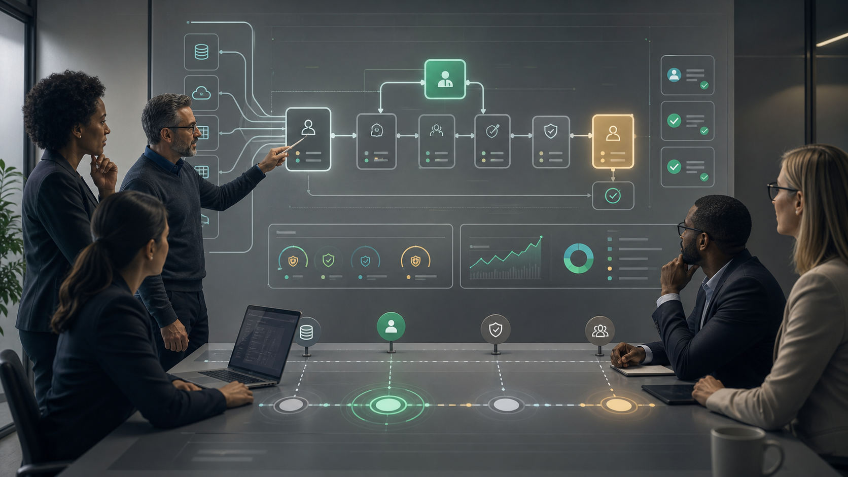 Enterprise operators reviewing an AI readiness workflow map with ERP data sources, risk gates, ROI scorecards, approval checkpoints, and audit controls