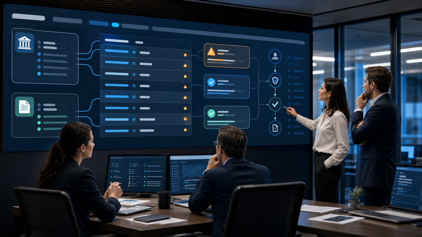 Finance and treasury reviewers examining a governed AI bank reconciliation queue with statement matching, ERP ledger evidence, exception risk flags, approval checkpoints, cash-close readiness, and audit trails