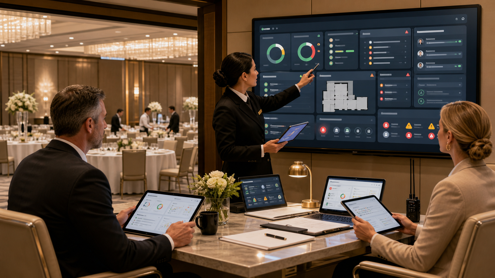 Hotel banquet operations team reviewing a governed AI dashboard with event order readiness, staffing coverage, room setup tasks, exceptions, and approval controls
