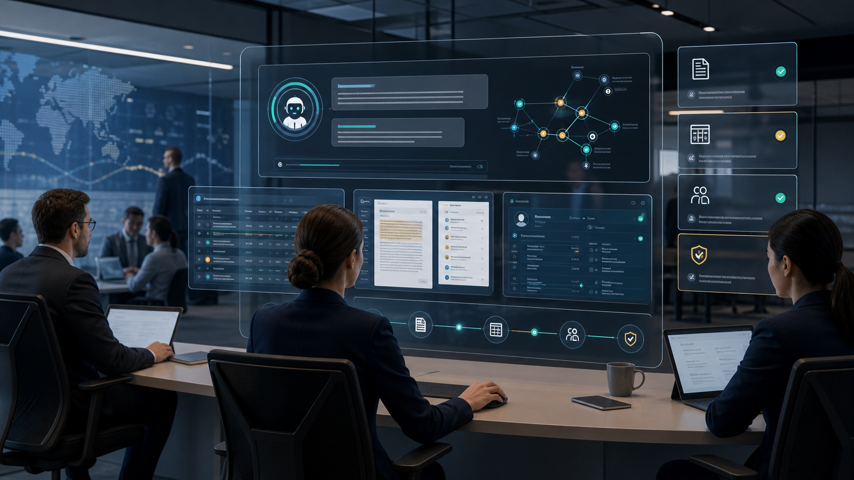 Enterprise operators reviewing conversational AI answers linked to ERP, CRM, document sources, approvals, and audit trails