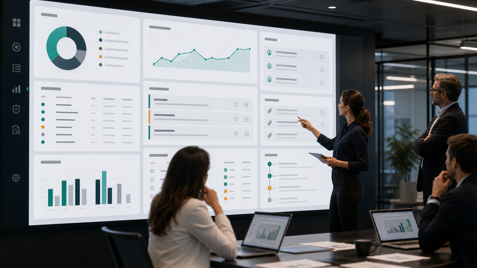 Finance leaders reviewing a governed AI close dashboard with variance explanations, approval queues, evidence links, and audit trail controls