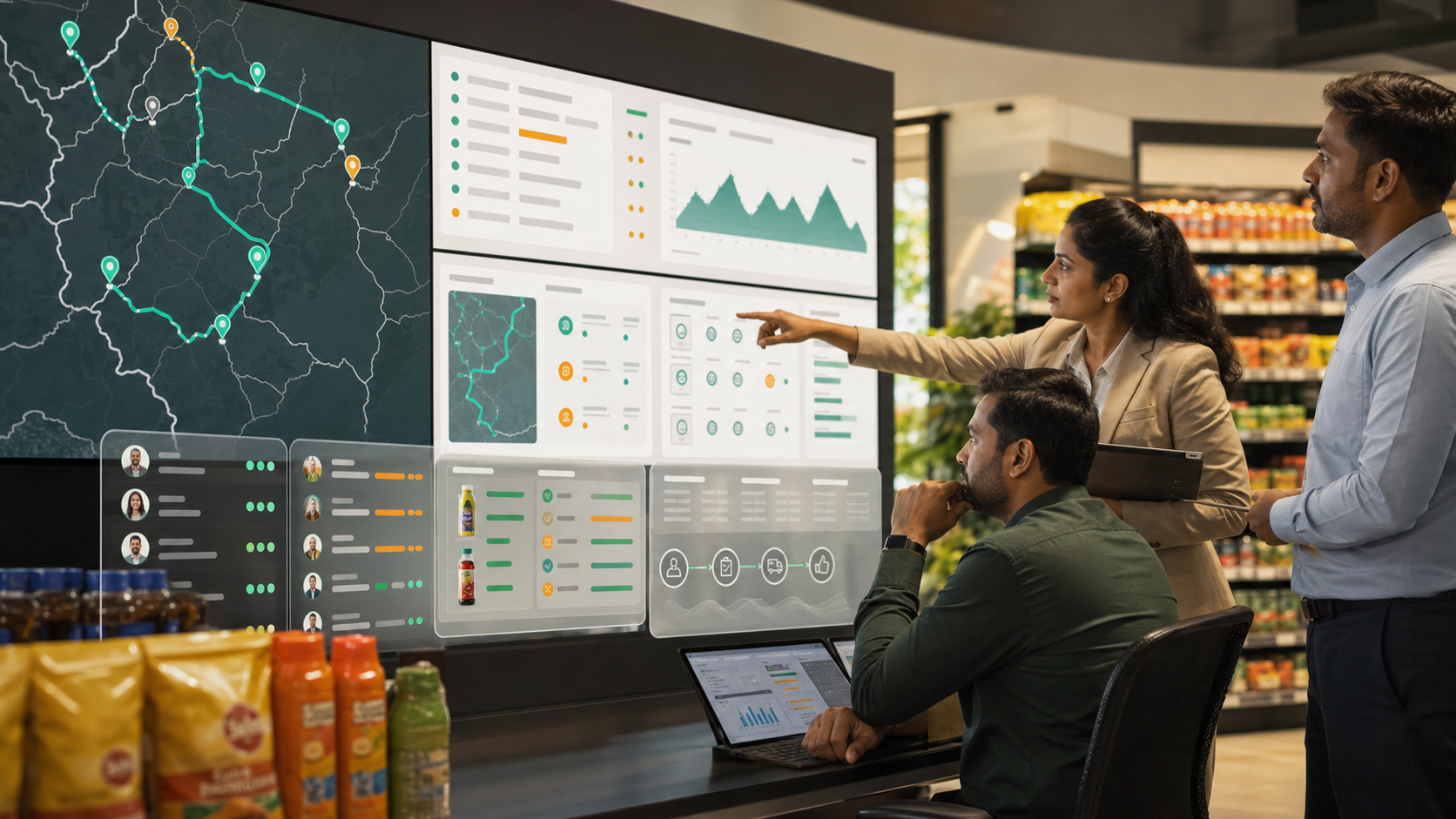 FMCG sales leaders reviewing a governed AI field sales dashboard with route maps, retailer history, incentive controls, inventory signals, and approval queues