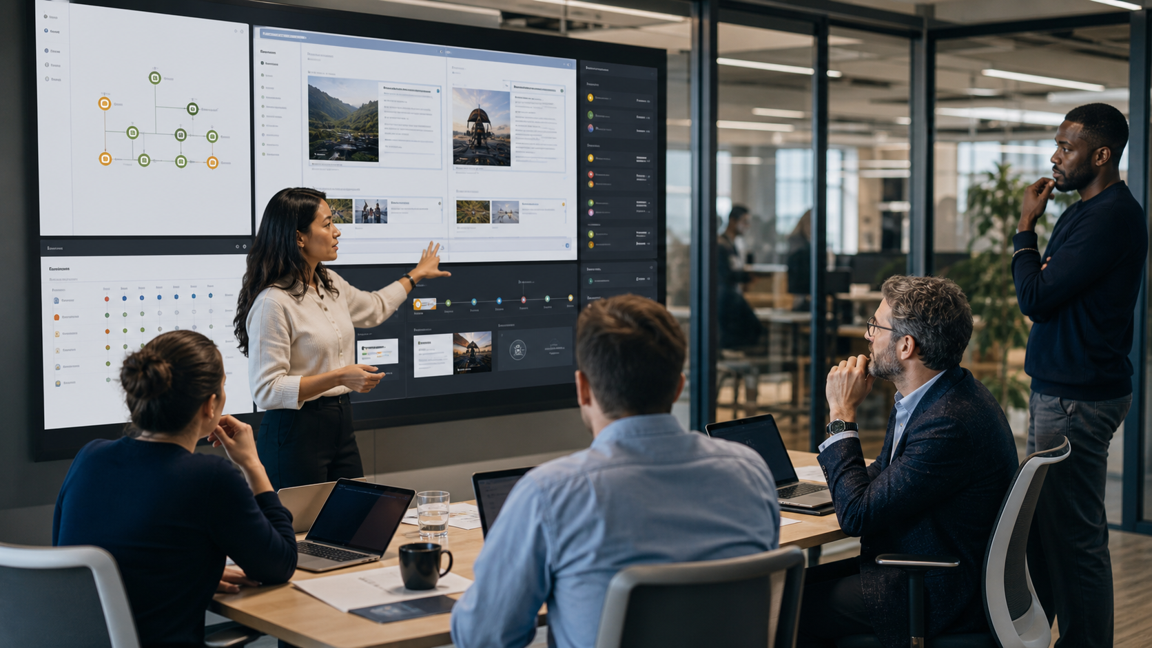Enterprise content team reviewing a governed generative AI approval workflow with draft content, review queues, source evidence, version history, and audit controls
