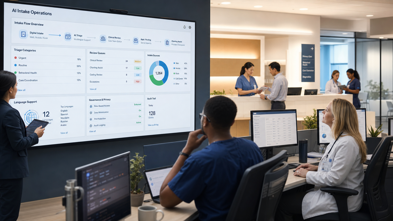 Healthcare operations team reviewing a governed AI intake workflow with triage categories, provider review queues, privacy controls, source evidence, and audit logs