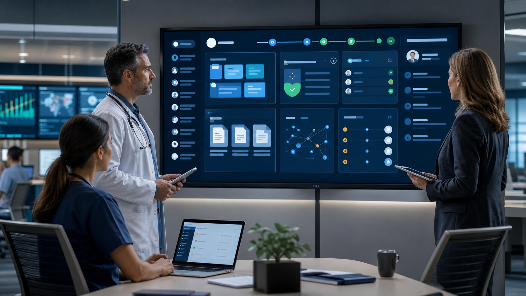 Healthcare operations team reviewing a governed AI dashboard with prior authorization packets, payer evidence, chart context, approval queues, and audit controls