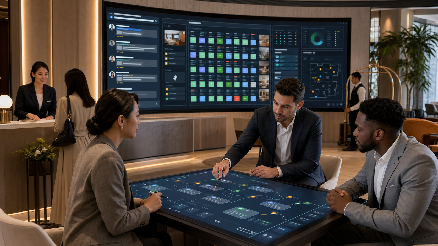 Hotel operations leaders reviewing a governed hospitality AI workflow with guest messages, room status, escalation queues, approval gates, and audit trail controls