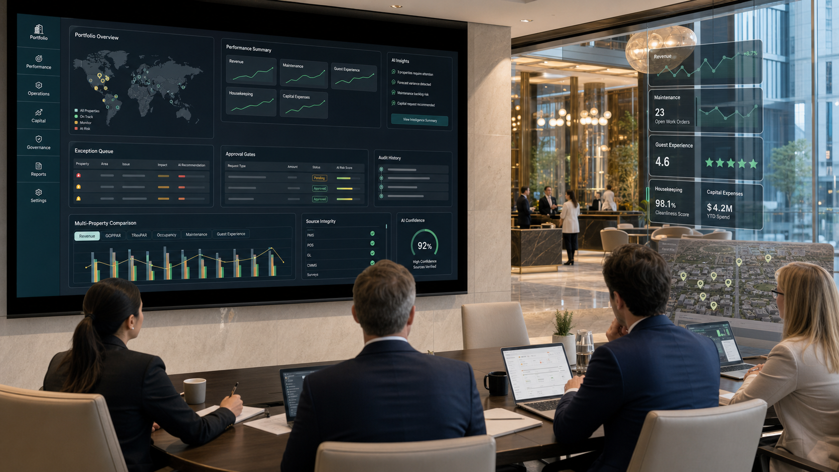 Hotel executives and property managers reviewing a governed AI owner reporting dashboard with property performance, exception queues, approval gates, source evidence, and audit history