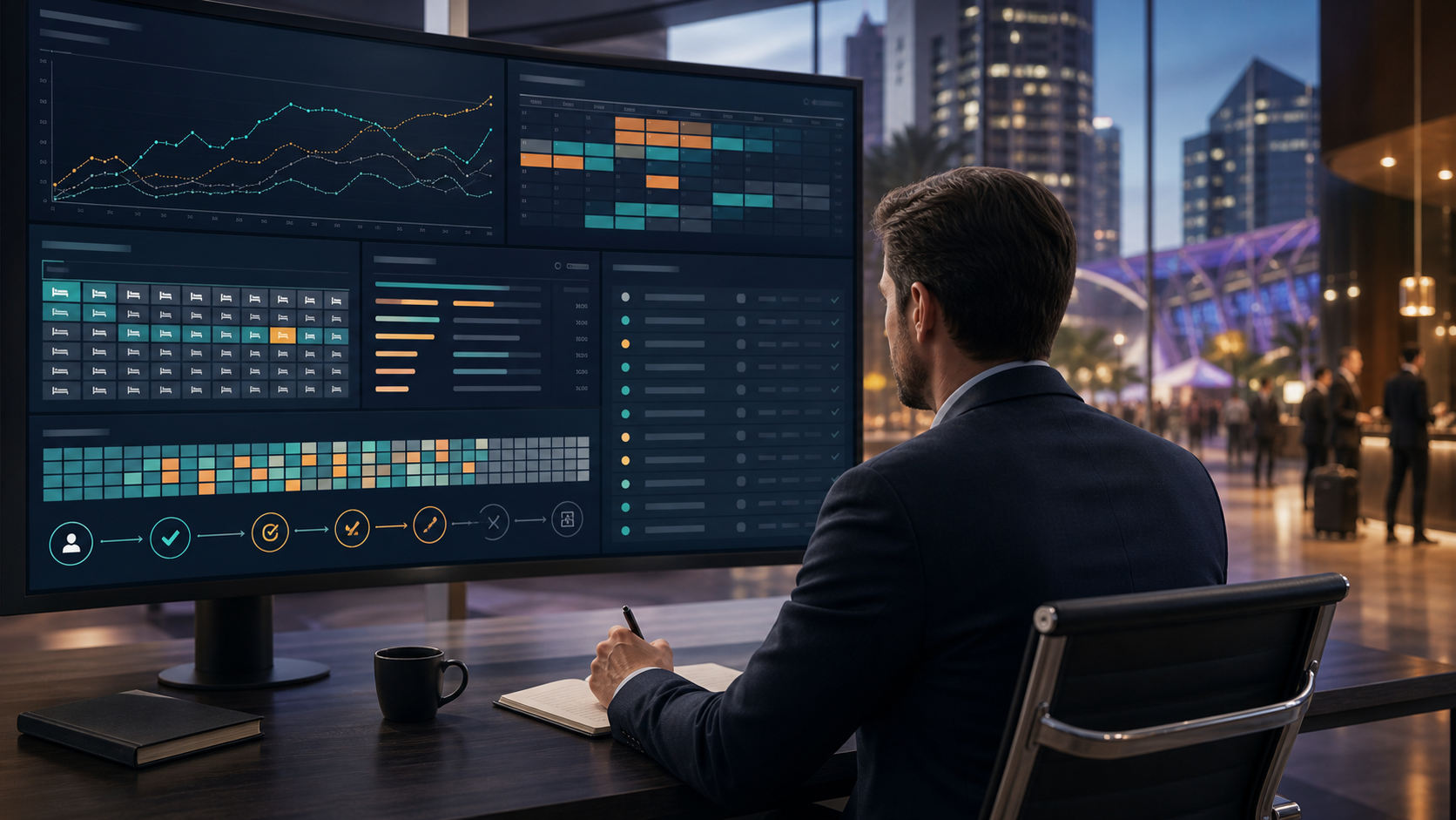 Hotel revenue manager reviewing a governed AI dashboard with event demand signals, occupancy curves, room inventory, rate approval queues, and audit controls