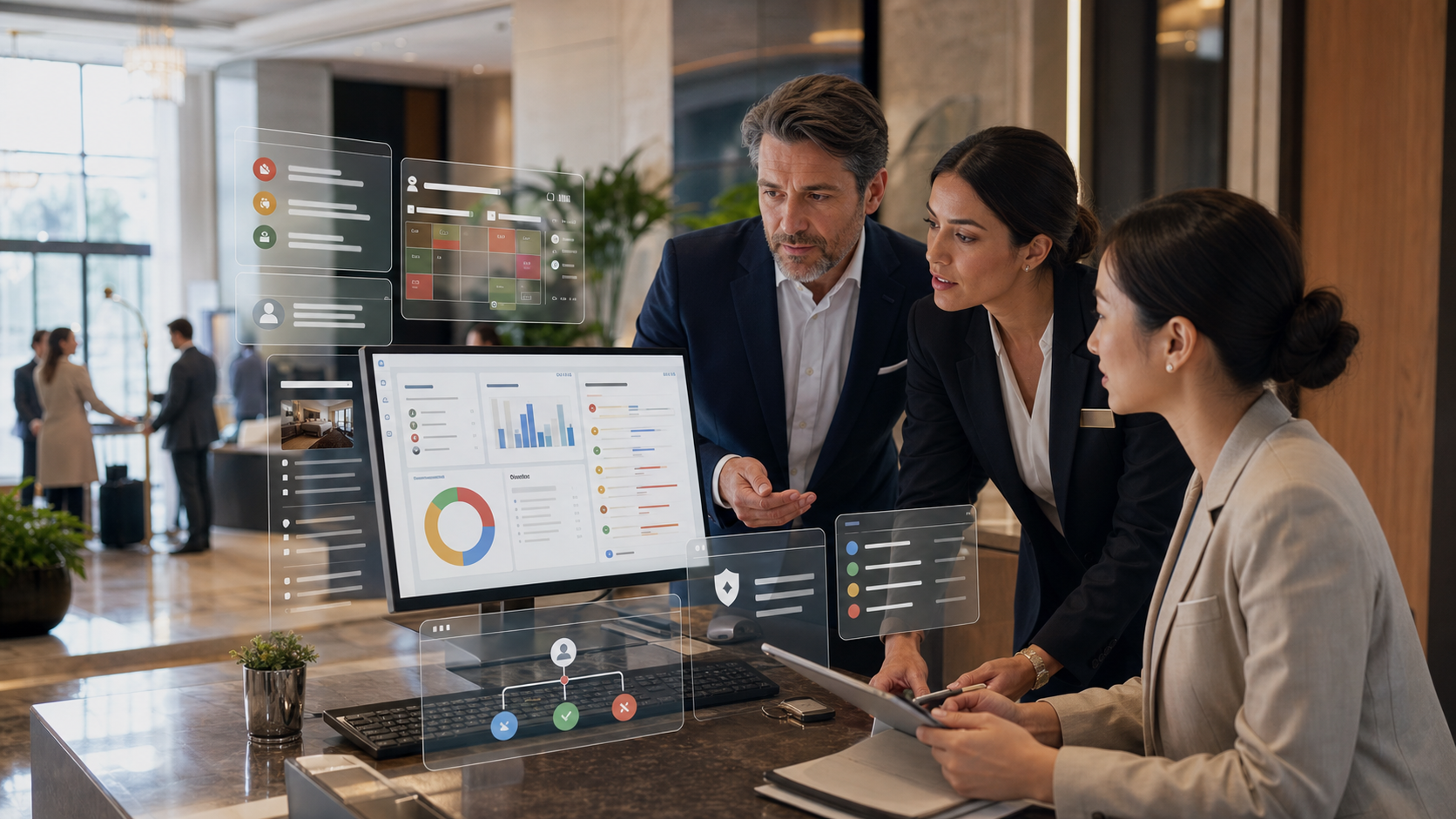 Hotel operations team reviewing a governed AI dashboard for guest complaints, service recovery, room issues, compensation approvals, and audit trails