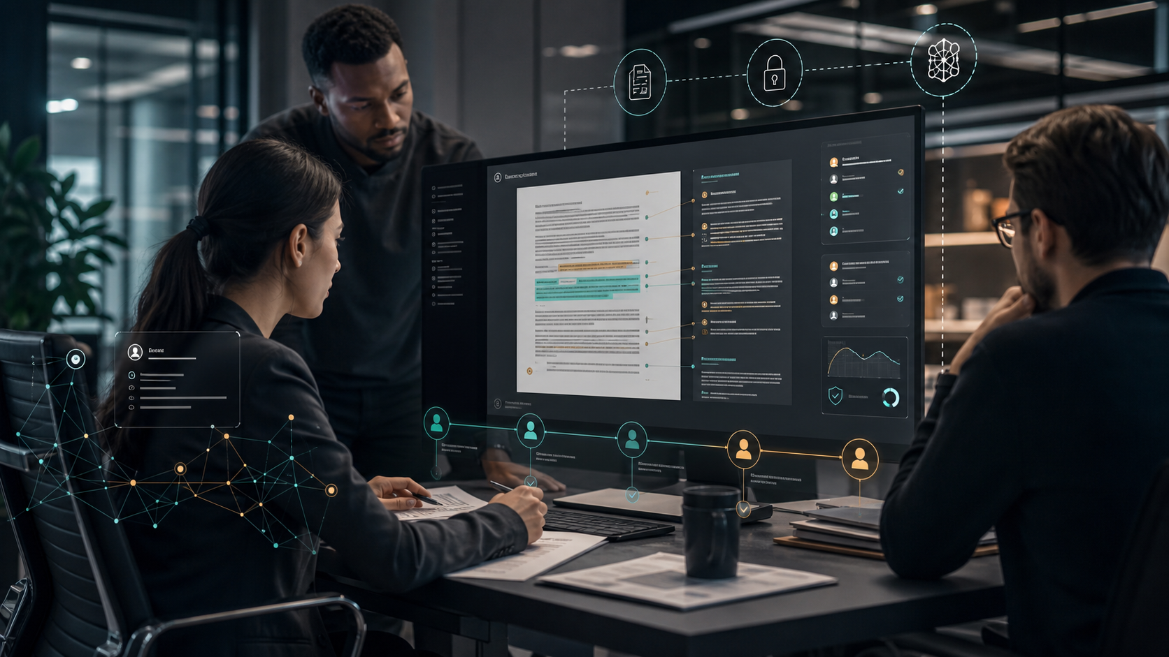Legal operations team reviewing AI-assisted contract clauses with source citations, confidentiality controls, approval queues, and audit evidence
