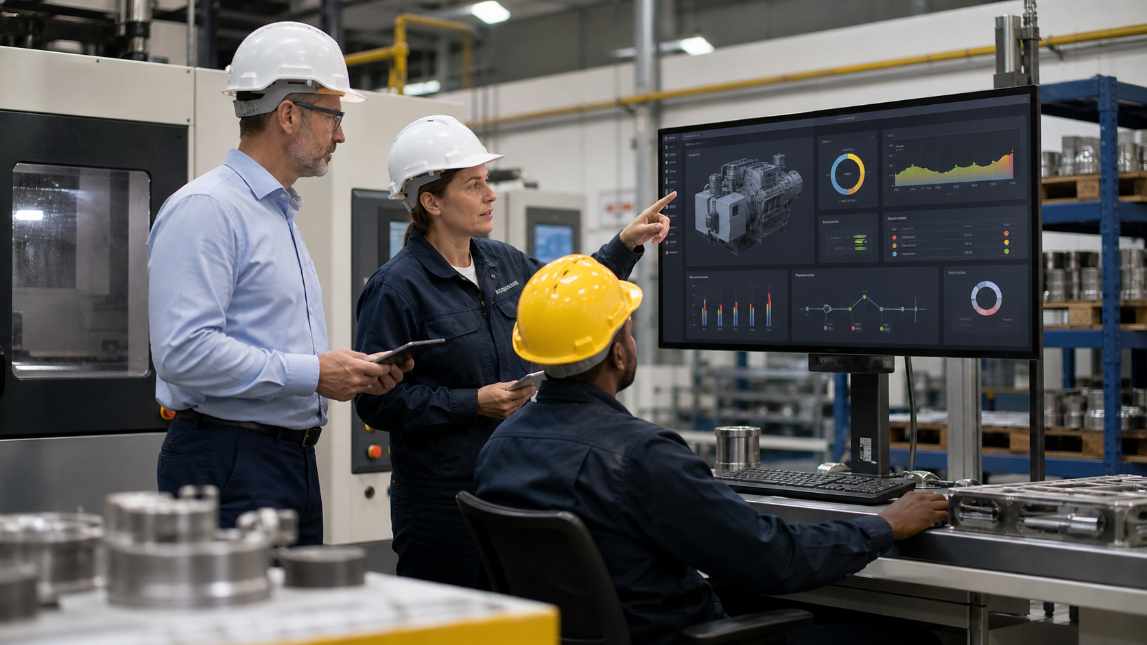 Manufacturing leaders reviewing a governed predictive maintenance AI dashboard with machine health, spare parts planning, supervisor approvals, and audit trails