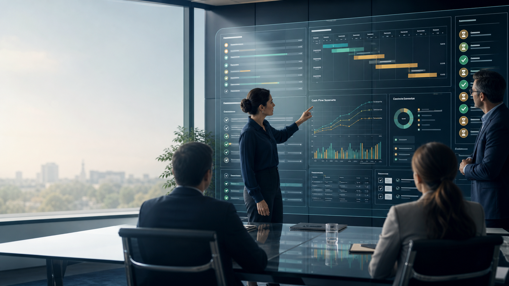Procurement and finance leaders reviewing a governed AI dashboard with supplier payment terms, cash-flow scenarios, approval queues, and audit controls