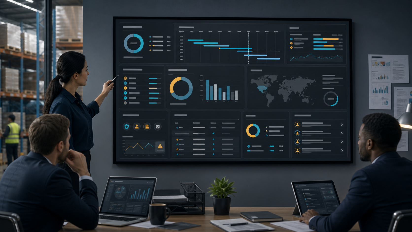 Procurement leaders reviewing a governed AI dashboard with supplier scorecards, contract renewal timelines, category savings, inventory risk, and approval queues