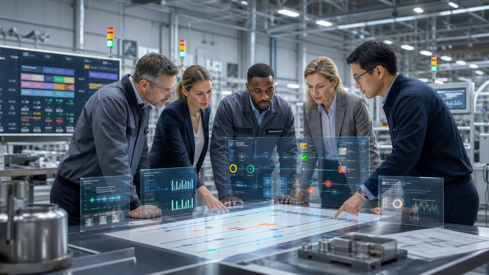 Plant manager, planner, maintenance lead, quality reviewer, and operations analyst reviewing governed AI production changeover evidence with line schedule, material readiness, labor coverage, QA holds, setup risk, approval checkpoints, and audit trails