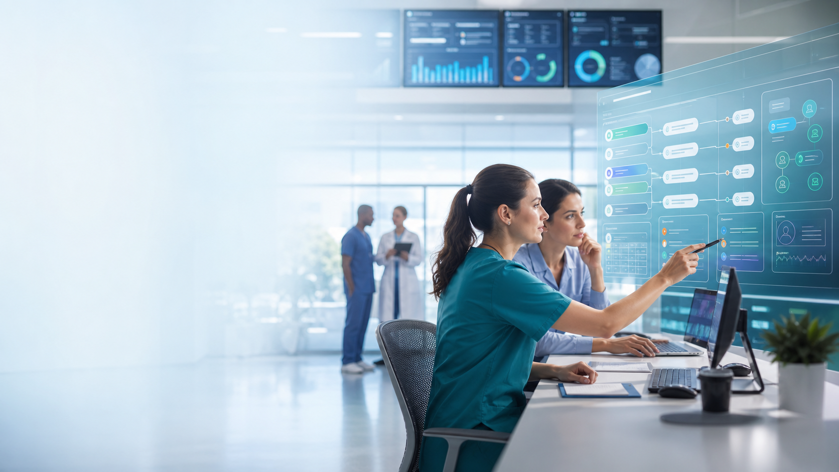 Healthcare operations leaders reviewing a governed AI dashboard with referral status, care-coordination queues, specialty routing, follow-up risk, and audit logs