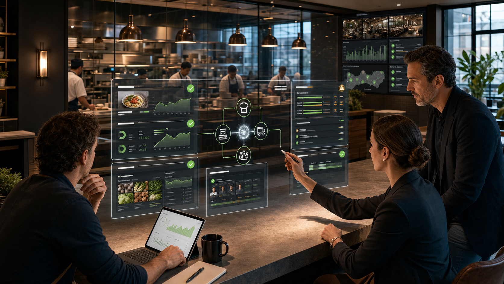 Restaurant managers reviewing governed AI workflows for POS demand, kitchen operations, supplier ordering, menu mix, and labor planning