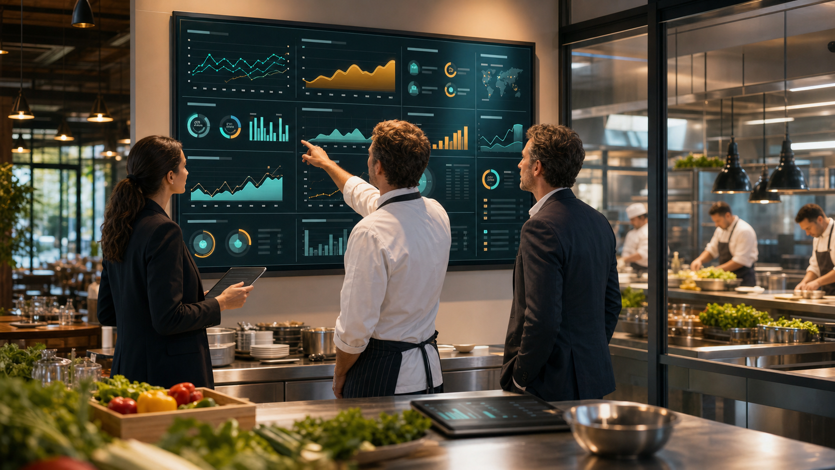 Restaurant operations team reviewing a governed AI dashboard with menu margins, ingredient costs, waste forecasts, prep plans, supplier stock, and approval controls