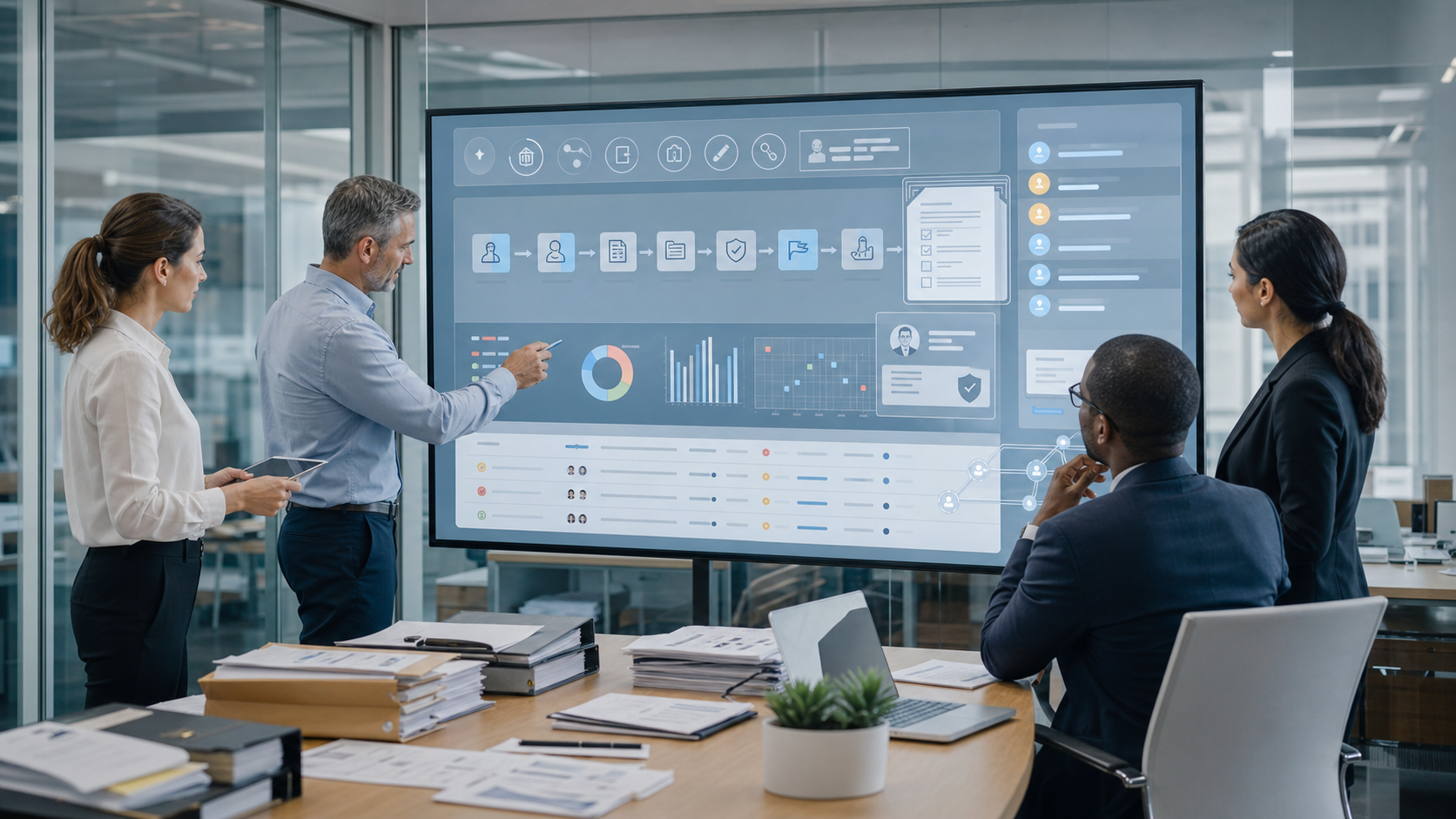 Procurement and finance team reviewing a governed AI dashboard for supplier onboarding risk, vendor master checks, due diligence packets, approvals, and audit trails