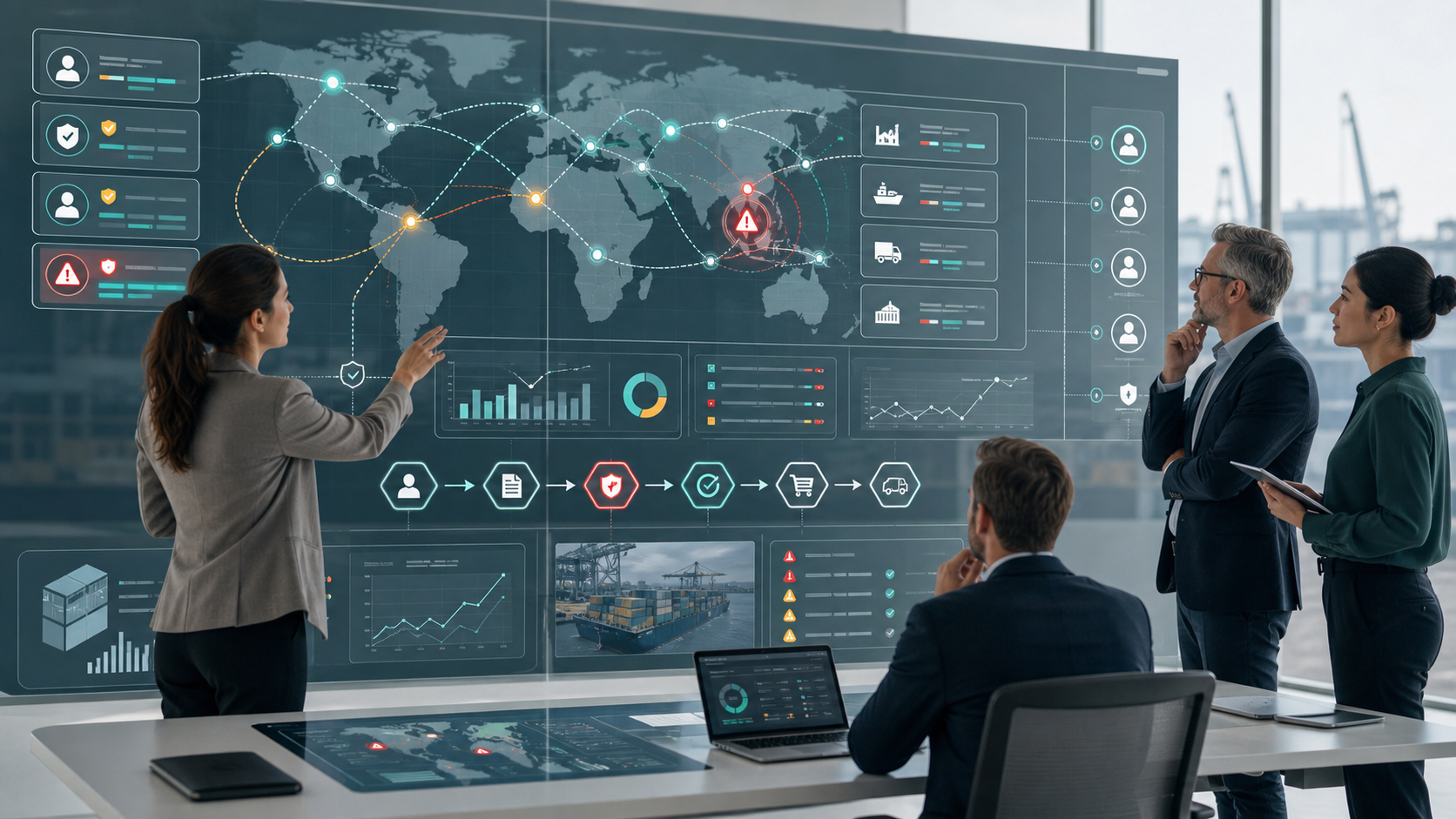 Procurement leaders reviewing governed supplier risk AI with supply chain signals, approval routing, margin protection alerts, and audit trail controls