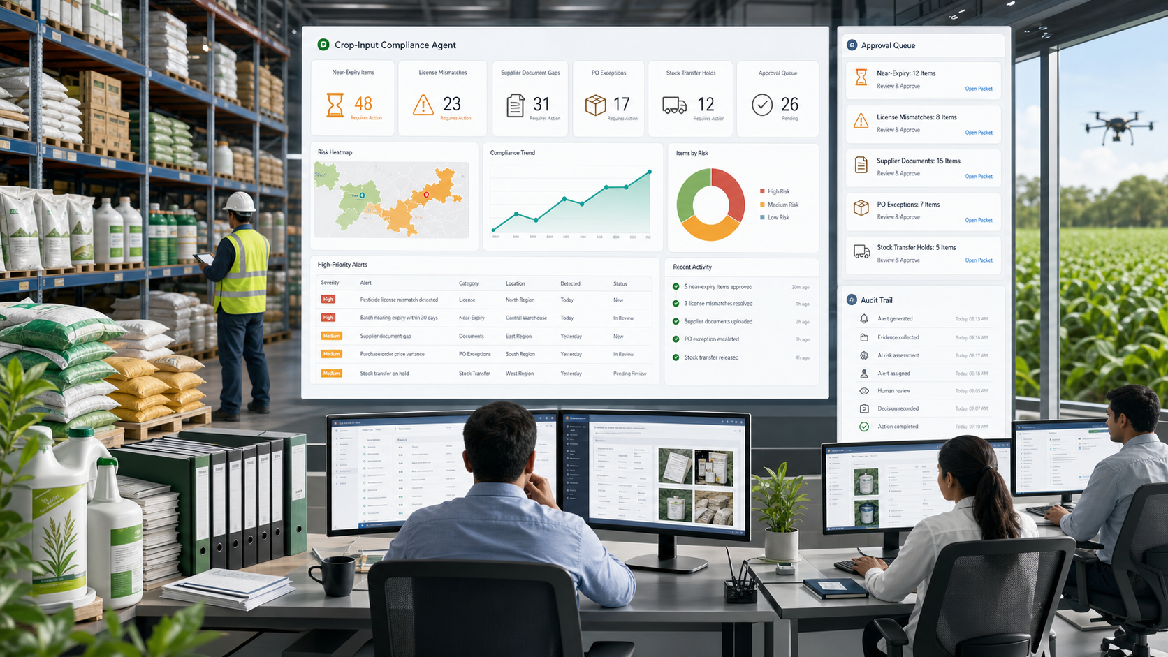 Governed OPAG AI crop-input compliance agent reviewing seed bags, fertilizer stock, pesticide containers, supplier documents, license checks, purchase order exceptions, stock transfer holds, approval queues, and audit trails