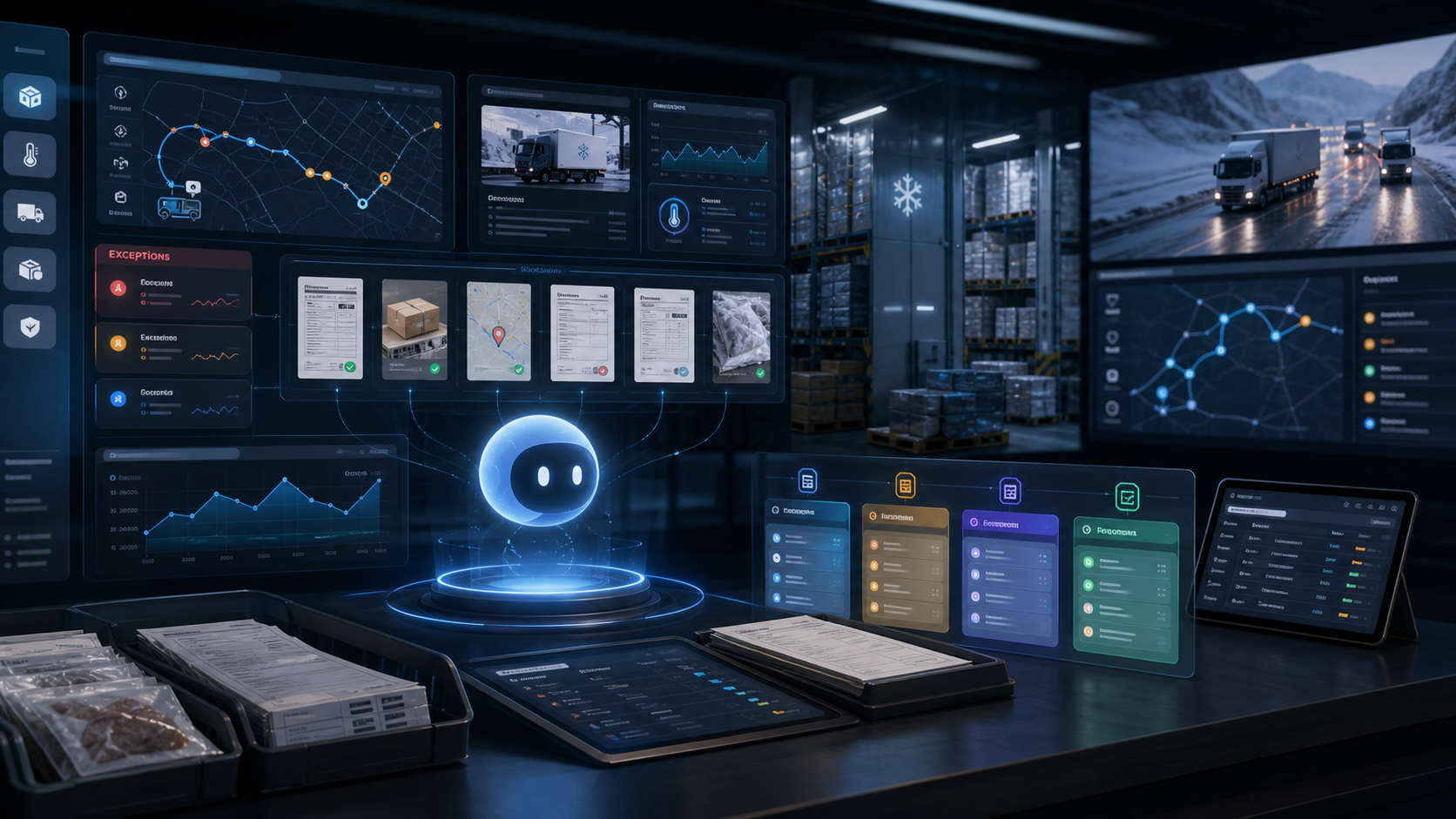 Governed OPAG AI agent reviewing frozen-food cold-chain temperature logs, delivery route evidence, claims packets, invoice credits, and approval queues