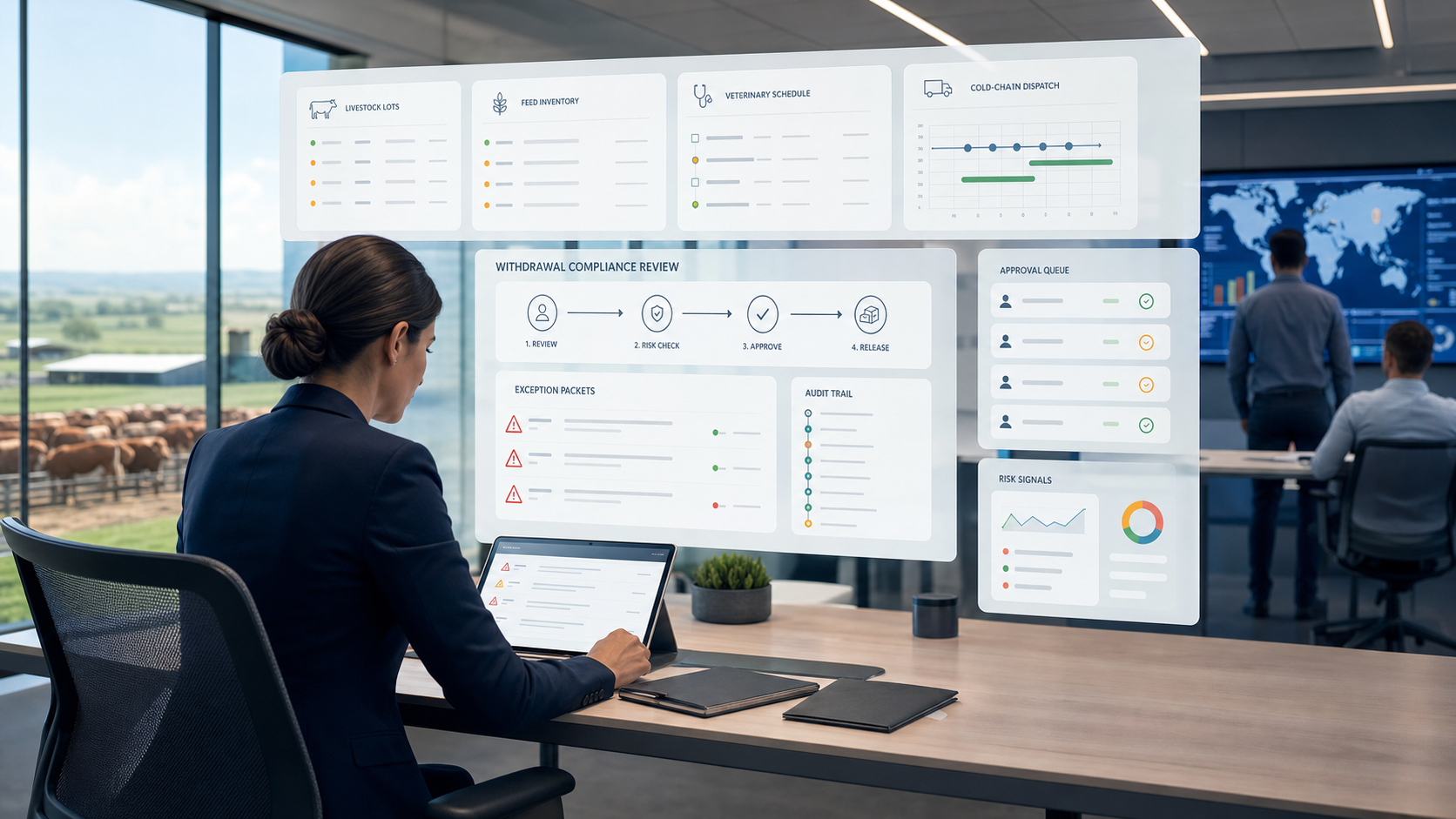 Governed OPAG AI livestock compliance agent reviewing feed lots, veterinary withdrawal windows, animal movement records, processing batches, cold-chain release status, approval queues, and audit trails