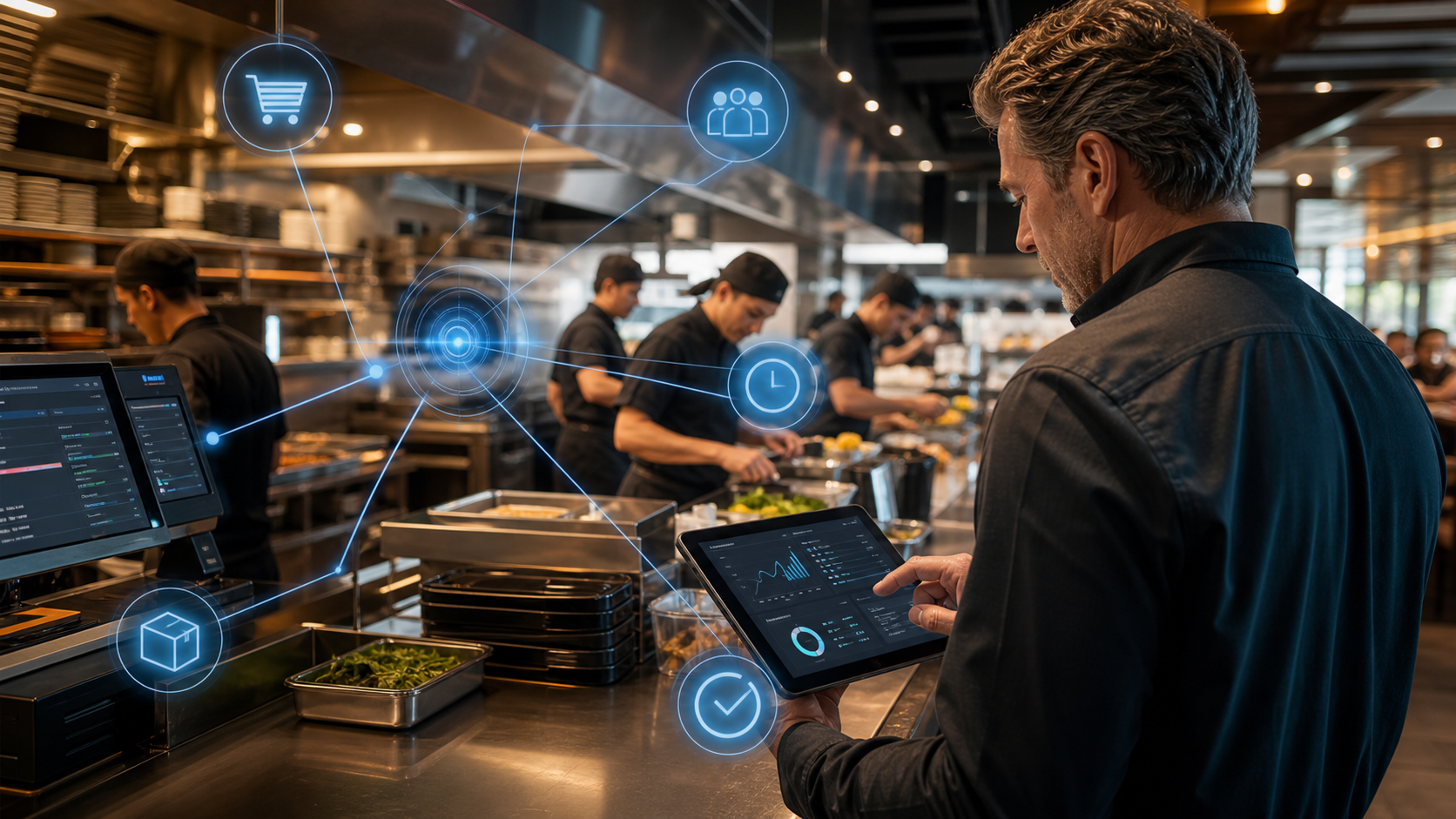 Governed OPAG restaurant operations AI agent connecting POS demand, kitchen prep, supplier stock, labor planning, and manager-approved decisions