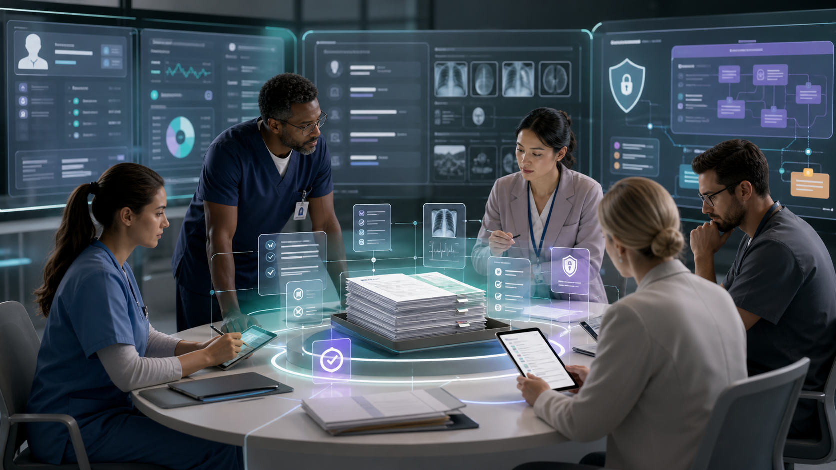 Healthcare operations and patient-access review environment representing a governed OPAG AI charity eligibility documentation agent for registration records, referral notes, payer status, income evidence, staff review, privacy boundaries, and audit trails