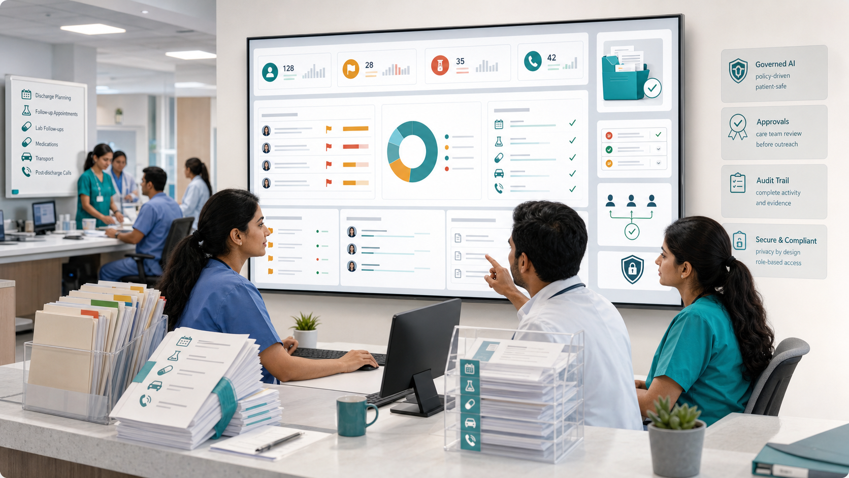 Governed OPAG AI hospital discharge follow-up agent reviewing discharge tasks, follow-up appointments, lab callbacks, medication reconciliation, transport notes, outreach readiness, clinical review queues, privacy controls, and audit trails