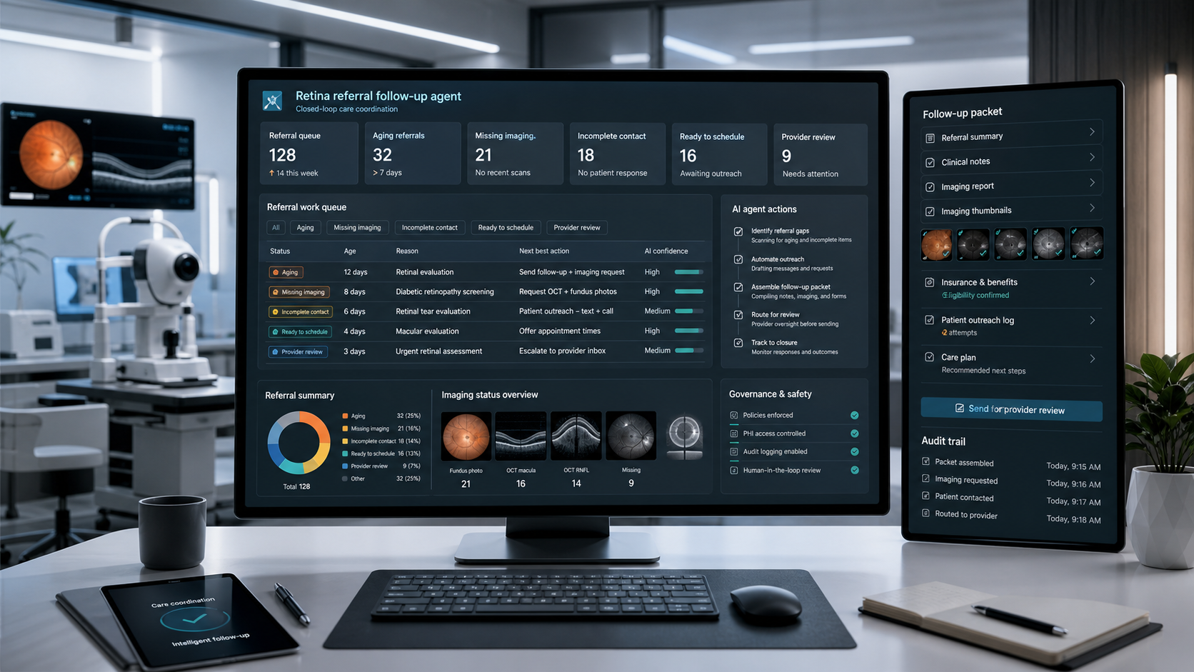 Governed OPAG AI referral follow-up agent preparing specialty clinic outreach packets from aging referrals, missing imaging, contact status, scheduling readiness, provider review, and audit trails