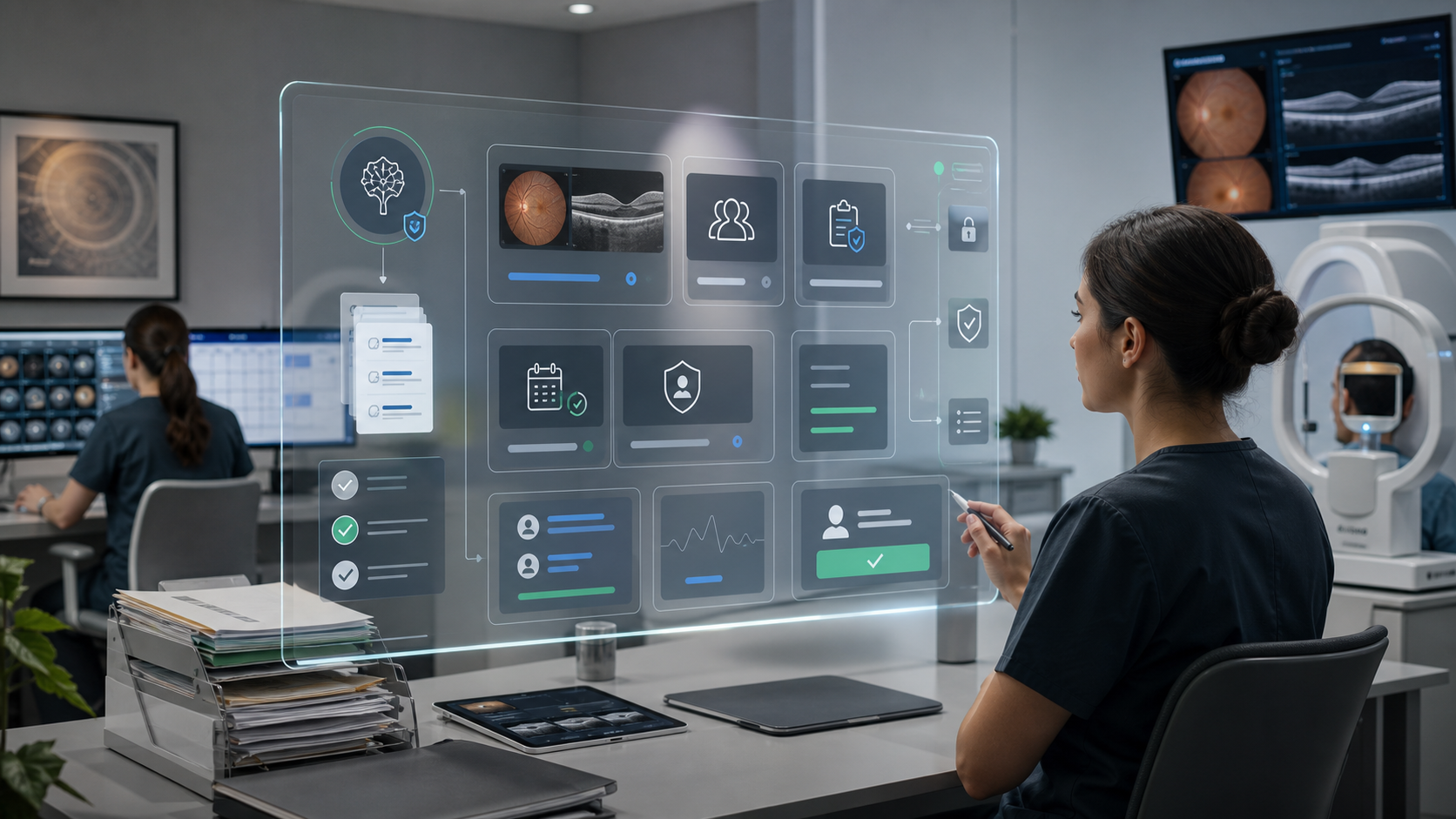 Governed OPAG AI imaging authorization agent reviewing Retina Eyecare OCT orders, retina imaging readiness, referral notes, insurance eligibility, appointment schedules, consent status, provider review queues, outreach approvals, and audit trails