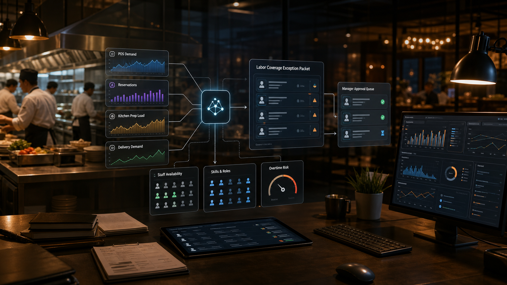 Governed OPAG restaurant AI agent preparing labor coverage packets from POS demand, reservations, kitchen prep load, delivery windows, staff availability, overtime risk, and manager approvals