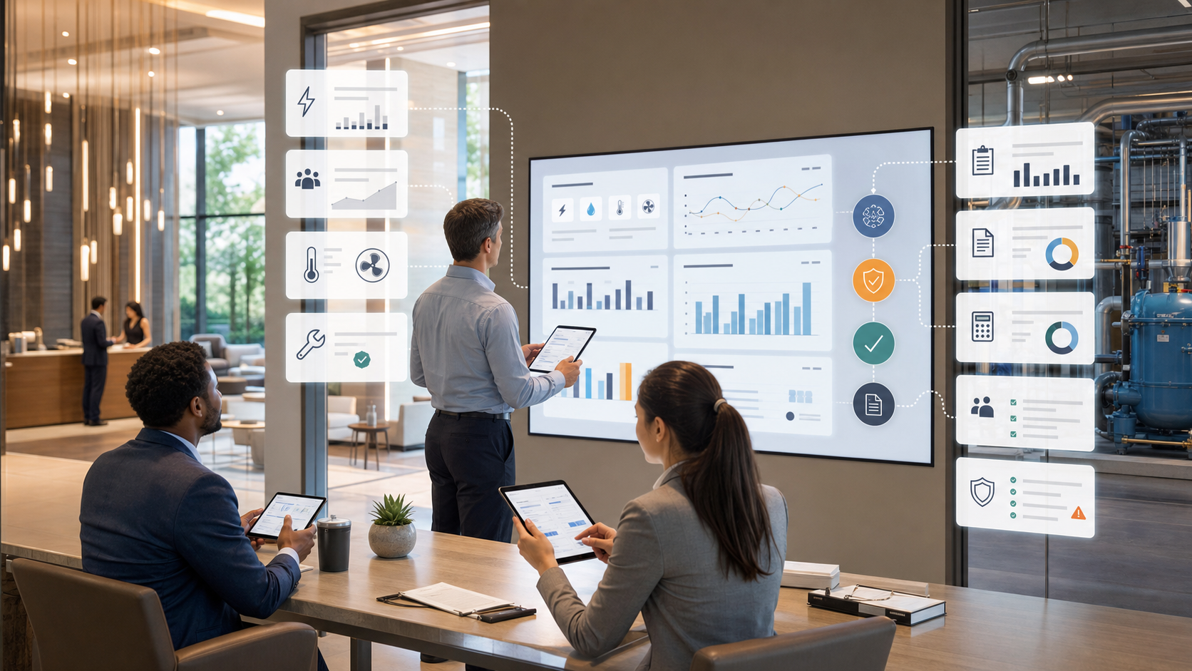 Governed OPAG AI hotel energy and maintenance variance agent reviewing utility meters, occupancy, HVAC performance, work orders, vendor invoices, approval queues, owner reporting, and audit trails