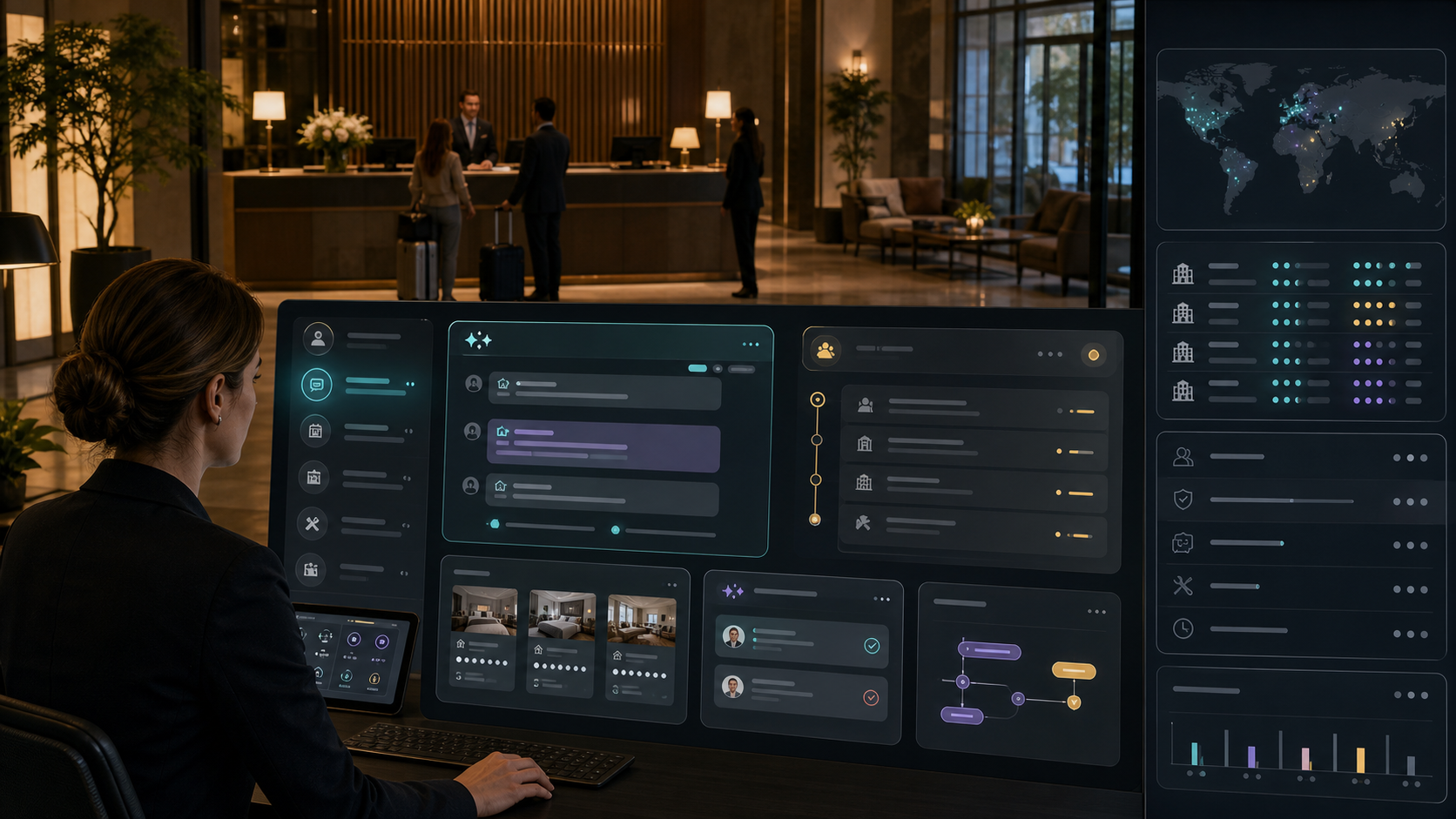 Governed OPAG hospitality AI guest support agent coordinating room status, guest requests, property operations, and human escalation across hotel properties
